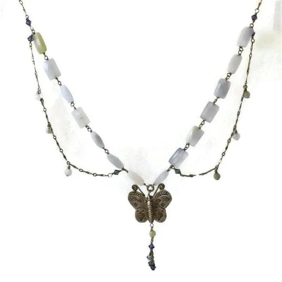 Sterling Butterfly Necklace Regencycore Blue Agate Mariposa Fantasy - Picture 3 of 8